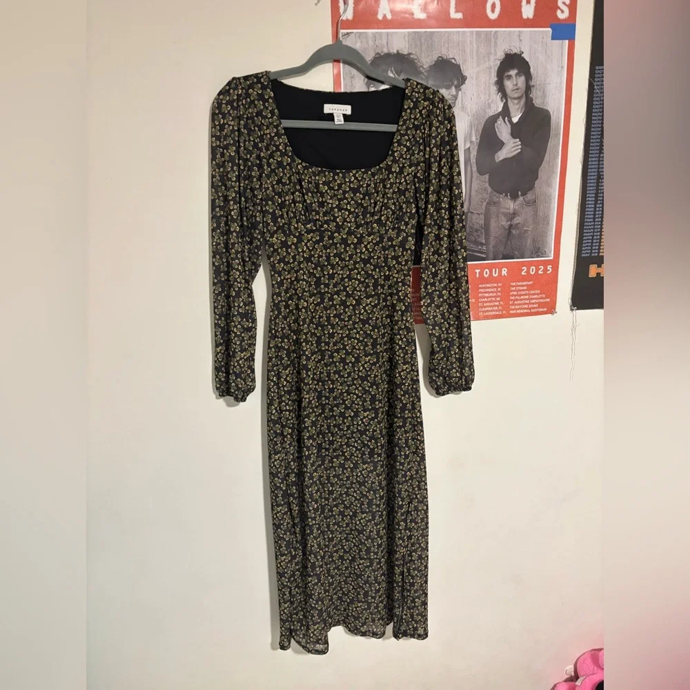 Topshop Black and Green Floral Long Sleeve Dress size 2 - Picture 2 of 8